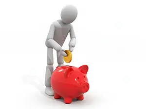 大きな赤い豚の貯金箱に金色のコインを入れる3D人物の貯蓄イメージ