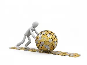 コインの塊を転がして大きくしていく3D人物と貯蓄の複利効果イメージ