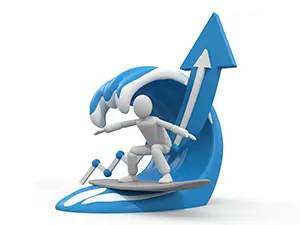 上昇する矢印型の波でサーフィンをする3D人物のビジネス成功イメージ