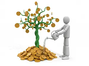 コインが実る木に水をやり資産を育てる3D人物の投資イメージ