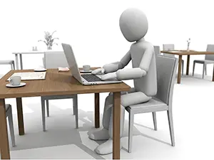 カフェのテーブルでコーヒーを傍らにパソコン作業をする人物のイラスト