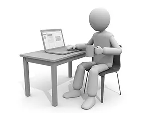 マグカップを持ちながらノートパソコンでメールを見る人物のイラスト