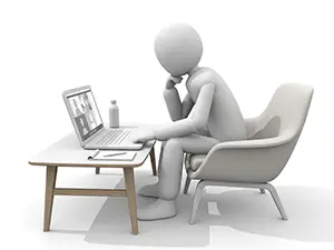 ソファチェアに座りローテーブルのパソコンでWeb会議をする人物のイラスト