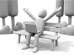 公園のベンチでノートパソコンを前に両手を挙げて喜ぶ人物のイラスト