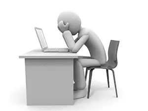 デスクでノートパソコンに向かい、両手で頭を抱えて落ち込んでいる白い3D人物のイラスト