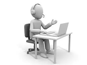 デスクでノートパソコンに向かい、ヘッドセットを着けて身振り手振りで話す白い3D人物のイラスト