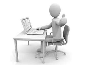 デスクでノートパソコンを操作し、カメラに向かってサムズアップをする白い3D人物のイラスト