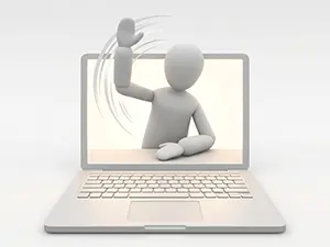 ノートパソコンの画面の中から身を乗り出して手を振っている白い3D人物のイラスト