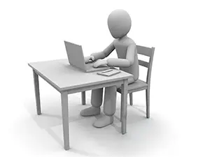 シンプルなテーブルと椅子でノートパソコンに向かい作業する白い3D人物のイラスト