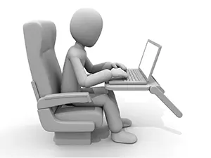 新幹線や飛行機の座席のテーブルでノートパソコンを操作する白い3D人物のイラスト