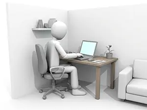 壁で仕切られた個室風のデスク環境で、ノートパソコンに向かって作業する白い3D人物のイラスト