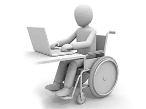車椅子に乗りデスクでノートパソコンを操作する人物のイラスト