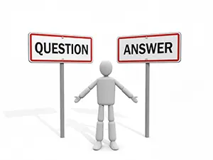 3D man standing between signs labeled QUESTION and ANSWER