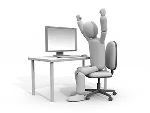3D man raising arms in victory at a computer desk