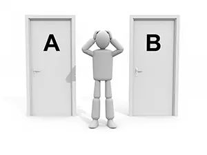 3D man holding head in confusion in front of Door A and Door B