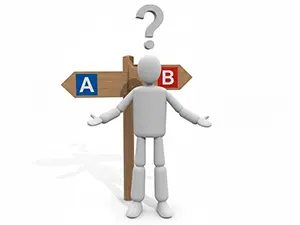 3D man looking confused with a question mark at a crossroads between A and B