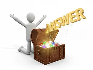 Golden ANSWER text flying out of a jewelry box with a happy 3D man