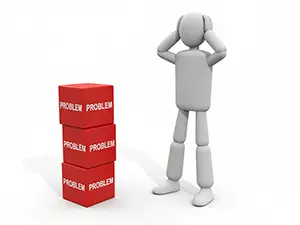 3D man holding head in pain next to a stack of red PROBLEM boxes