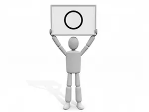 3D man holding up a signboard with a black circle mark