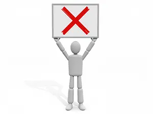 3D man holding up a signboard with a red cross mark