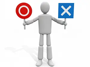 3D man holding a red circle and blue cross sign for judgment