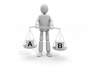 3D man holding scales to compare options A and B