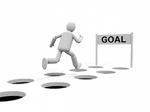 3D man jumping over obstacles and running towards the goal tape