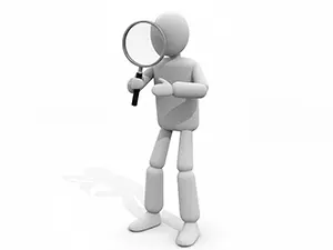 3D man looking through a large magnifying glass