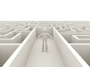 3D man lost and confused inside a complex maze looking for an exit