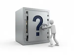 3D man turning the handle of a safe with a question mark on it