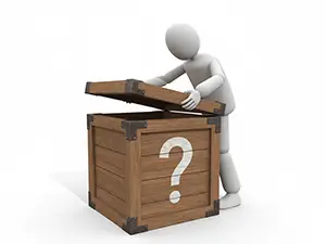 3D man looking inside a wooden box with a question mark on it