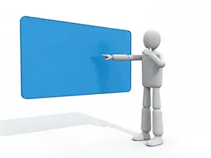 3D man pointing at a semi-transparent blue board