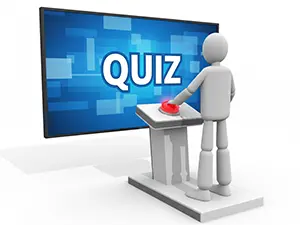 3D man pressing a red button on a stand in front of a QUIZ screen