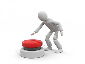 3D man reaching out to push a large red button