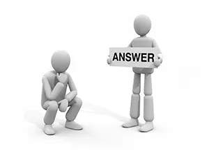 3D man showing a signboard with ANSWER to a person crouching in thought