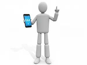3D man holding a smartphone and pointing to the Q&A screen