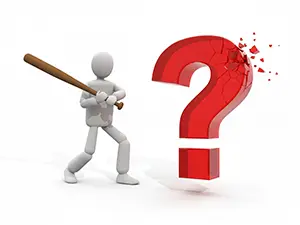 3D man swinging a baseball bat to smash a red question mark