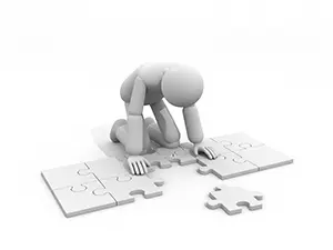 3D man placing the last piece of a jigsaw puzzle to solve a problem