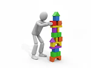 3D man balancing and stacking colorful building blocks