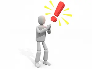 3D man looking surprised at a sudden red exclamation mark