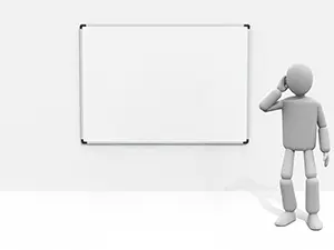 3D man talking on a mobile phone next to a blank whiteboard