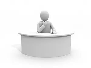 3D man resting chin on hand and thinking at a counter desk