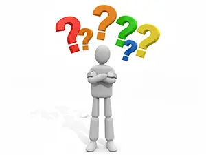 3D man thinking with arms crossed and colorful question marks overhead