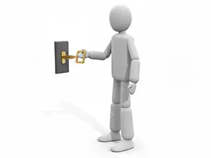 3D man using a golden key to unlock a door
