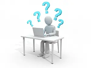 3D man using a laptop with question marks floating above head