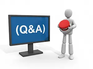 3D man holding a quiz buzzer next to a Q&A monitor