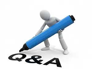 3D man writing Q&A text on the ground with a huge blue pen