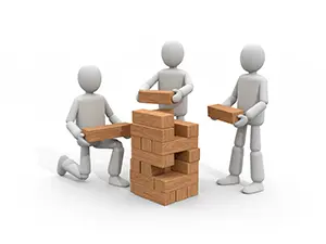 Three 3D men cooperating to stack wooden building blocks