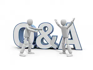 Two 3D men discussing and pointing at giant Q&A text