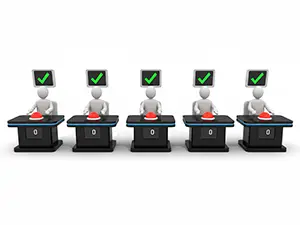 Row of 3D men at quiz desks all showing correct checkmarks